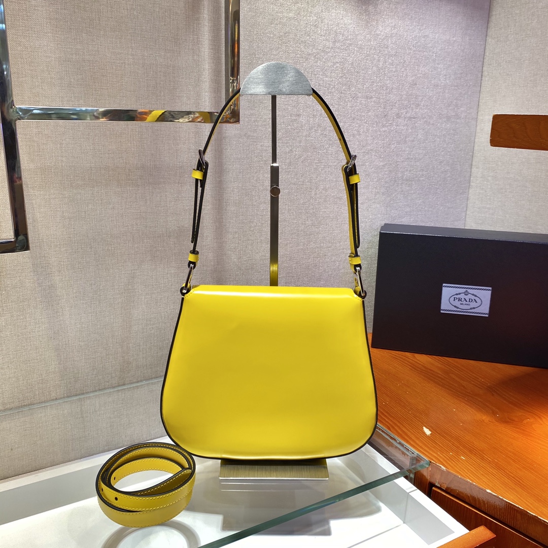 Prada Cleo Brushed Leather Shoulder Bag With Flap Yellow 1BD303